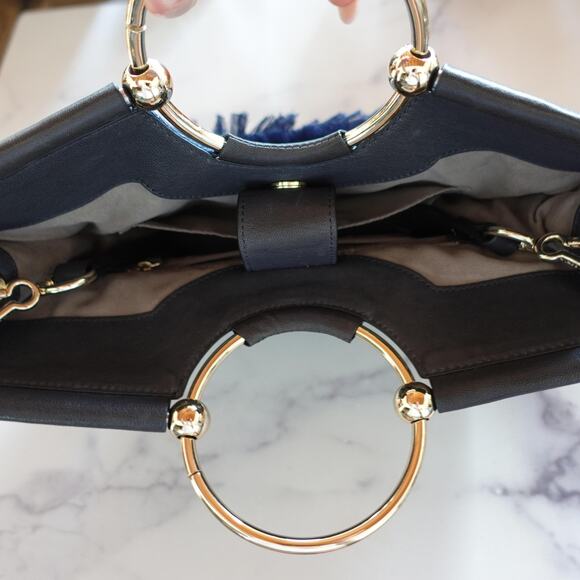 Vince Camuto Elia Fringe Denim Satchel Blue Ink Boho Leather Gold Bracelet Bag - Picture 6 of 13